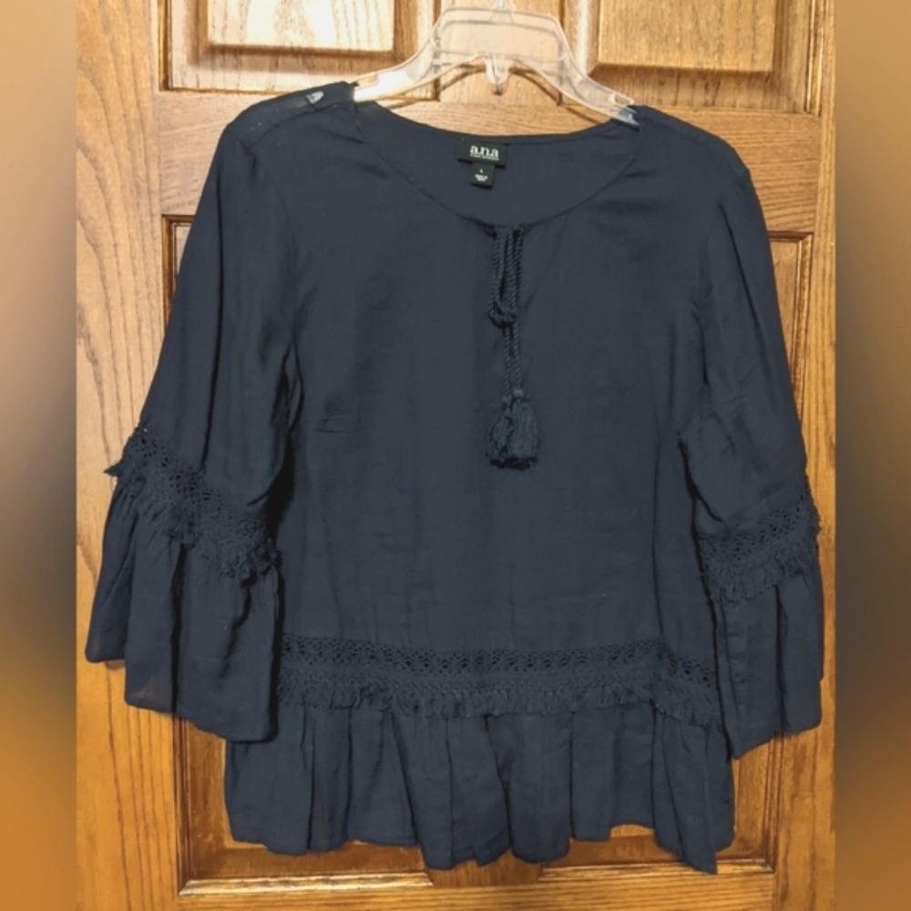 A.N.A bell sleeve tunic w/ tassel tie at neck & crochet accents